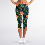 Tropical Leaf And Hawaiian Flower Print Women's Capri Leggings