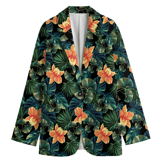 Tropical Leaf And Hawaiian Flower Print Women's Cotton Blazer