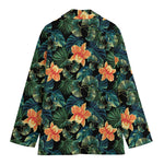 Tropical Leaf And Hawaiian Flower Print Women's Cotton Blazer
