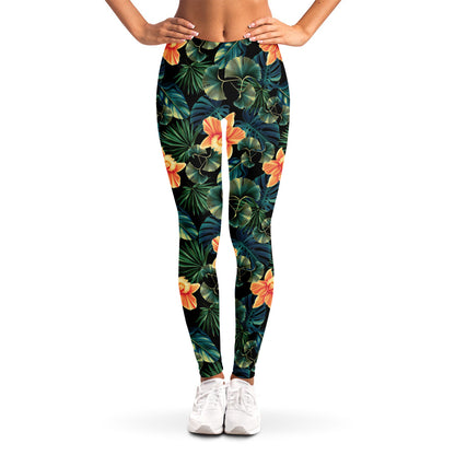 Tropical Leaf And Hawaiian Flower Print Women's Leggings