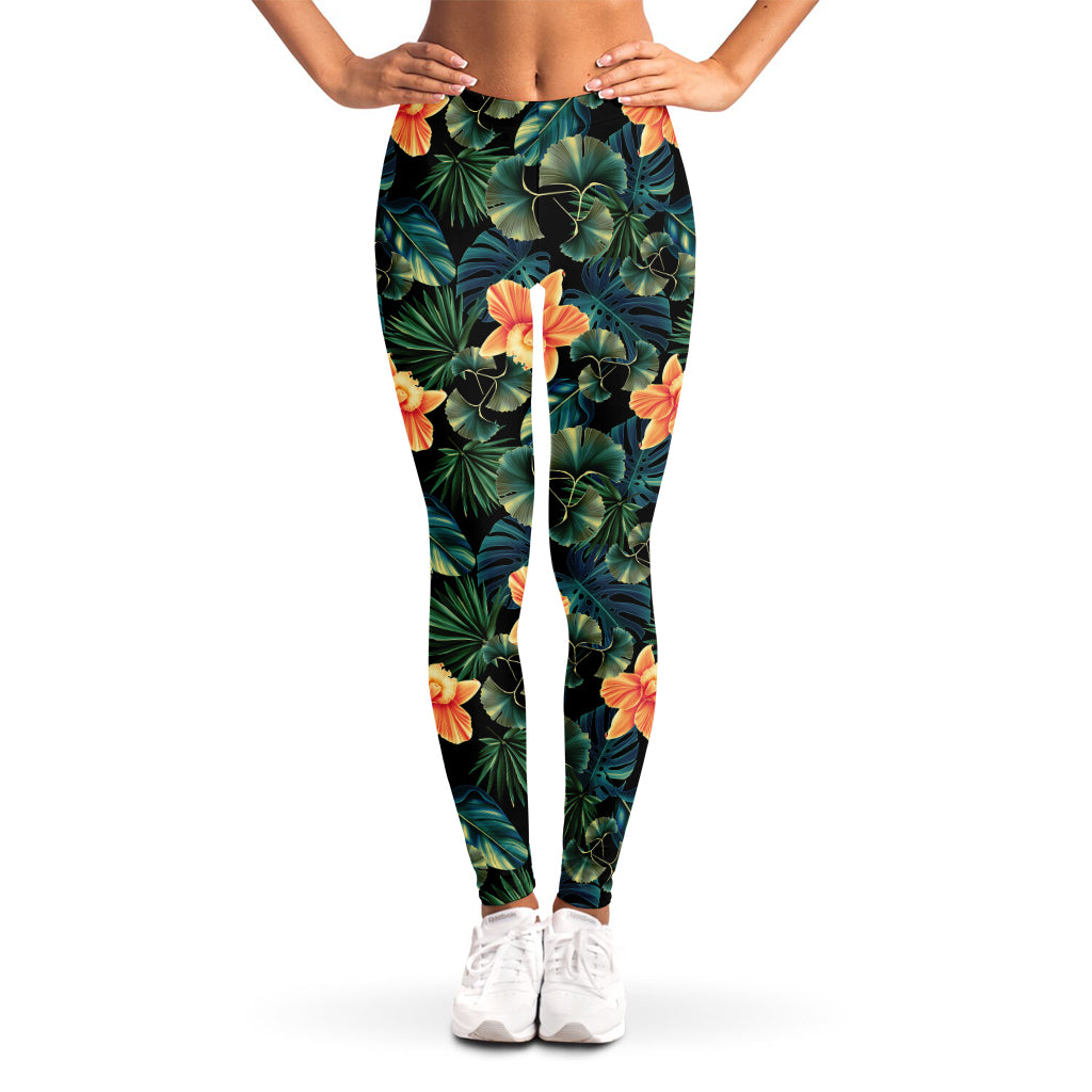 Tropical Leaf And Hawaiian Flower Print Women's Leggings