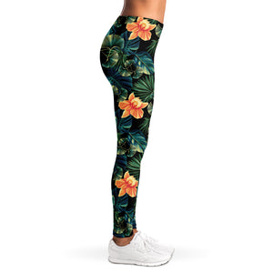 Tropical Leaf And Hawaiian Flower Print Women's Leggings