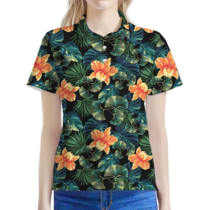 Tropical Leaf And Hawaiian Flower Print Women's Polo Shirt