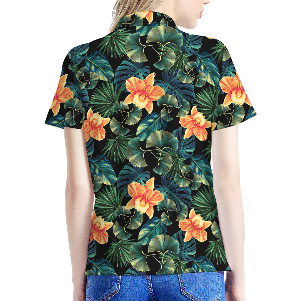 Tropical Leaf And Hawaiian Flower Print Women's Polo Shirt