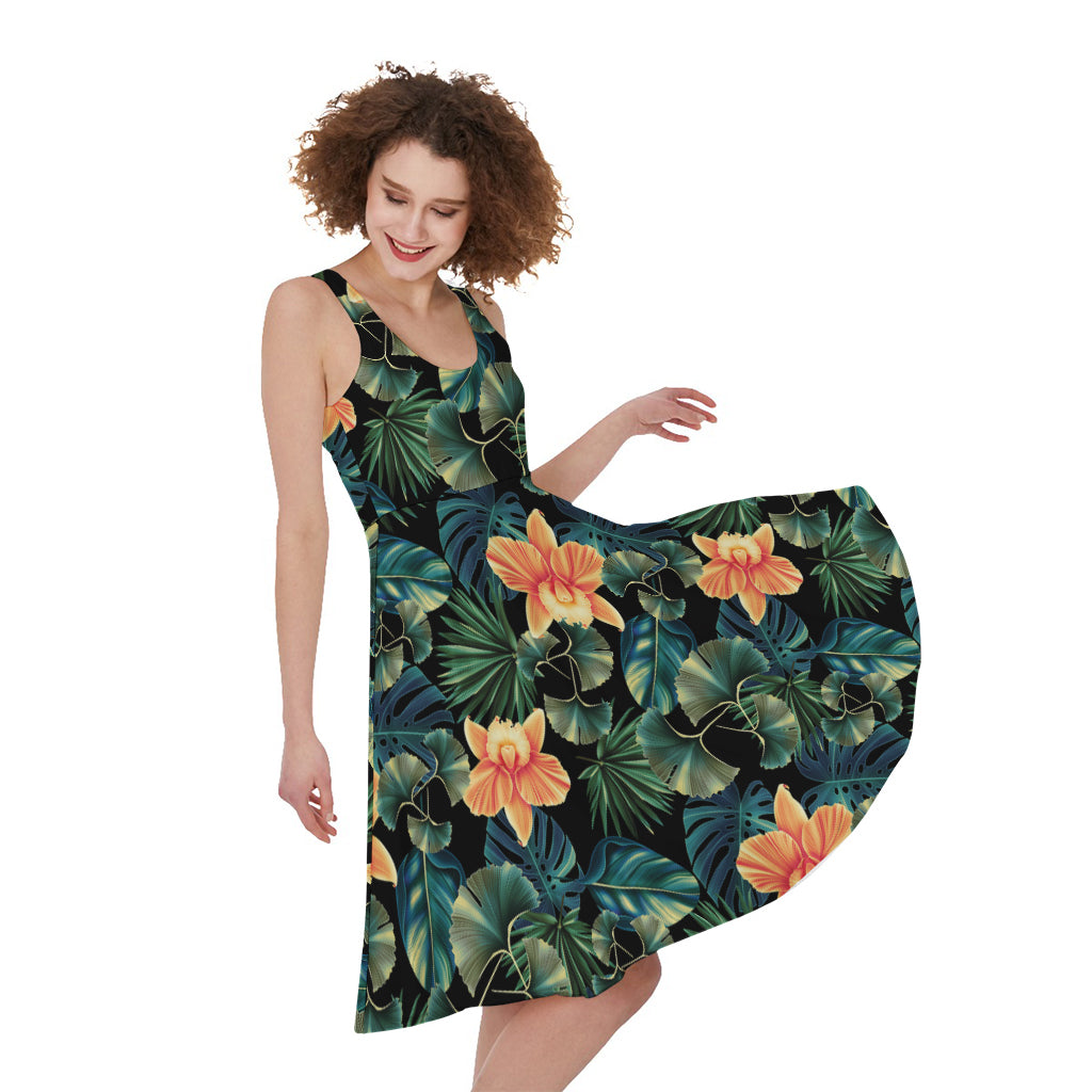 Tropical Leaf And Hawaiian Flower Print Women's Sleeveless Dress