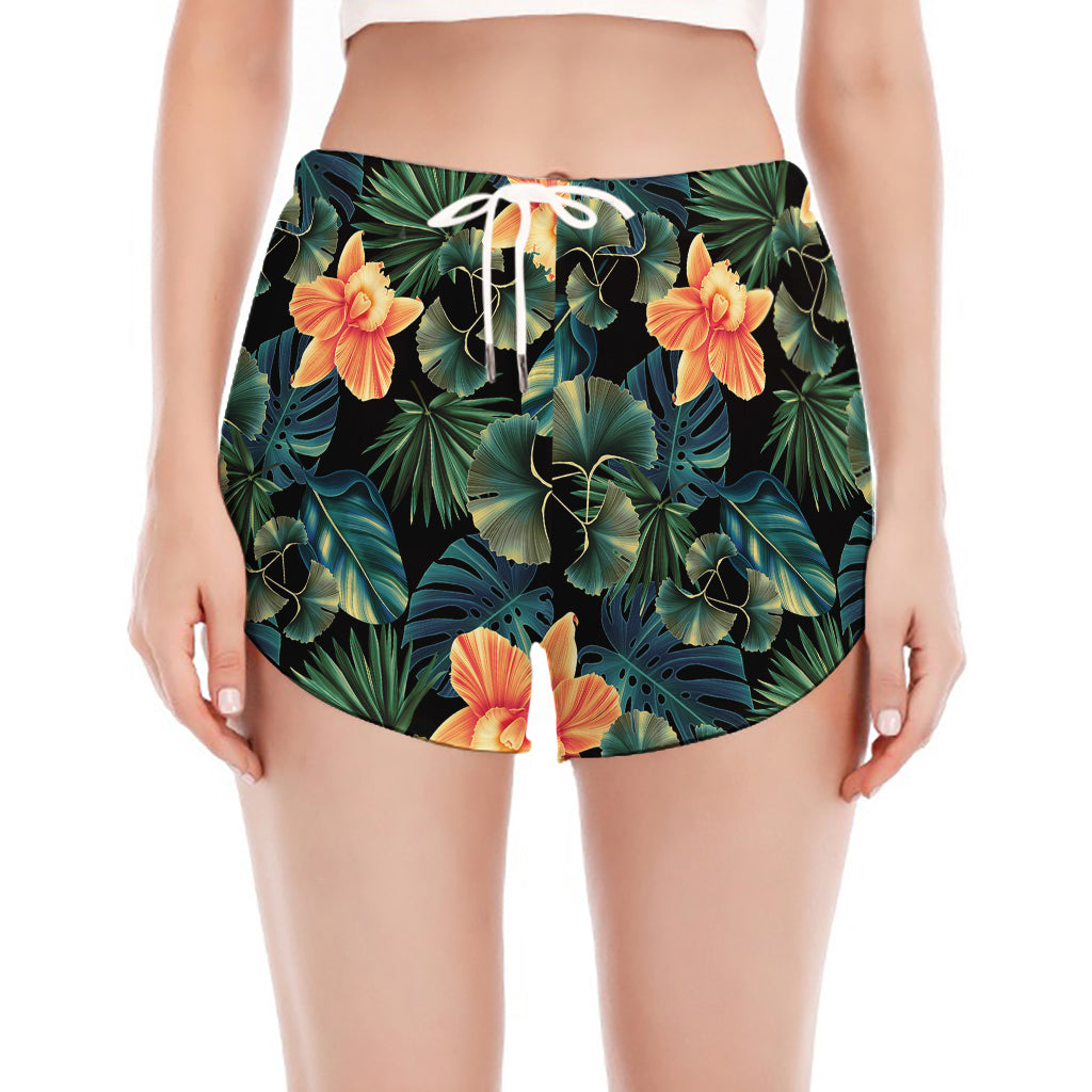 Tropical Leaf And Hawaiian Flower Print Women's Split Running Shorts
