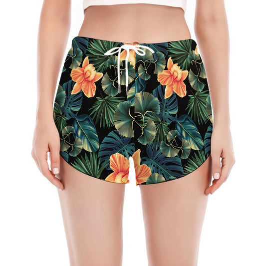 Tropical Leaf And Hawaiian Flower Print Women's Split Running Shorts