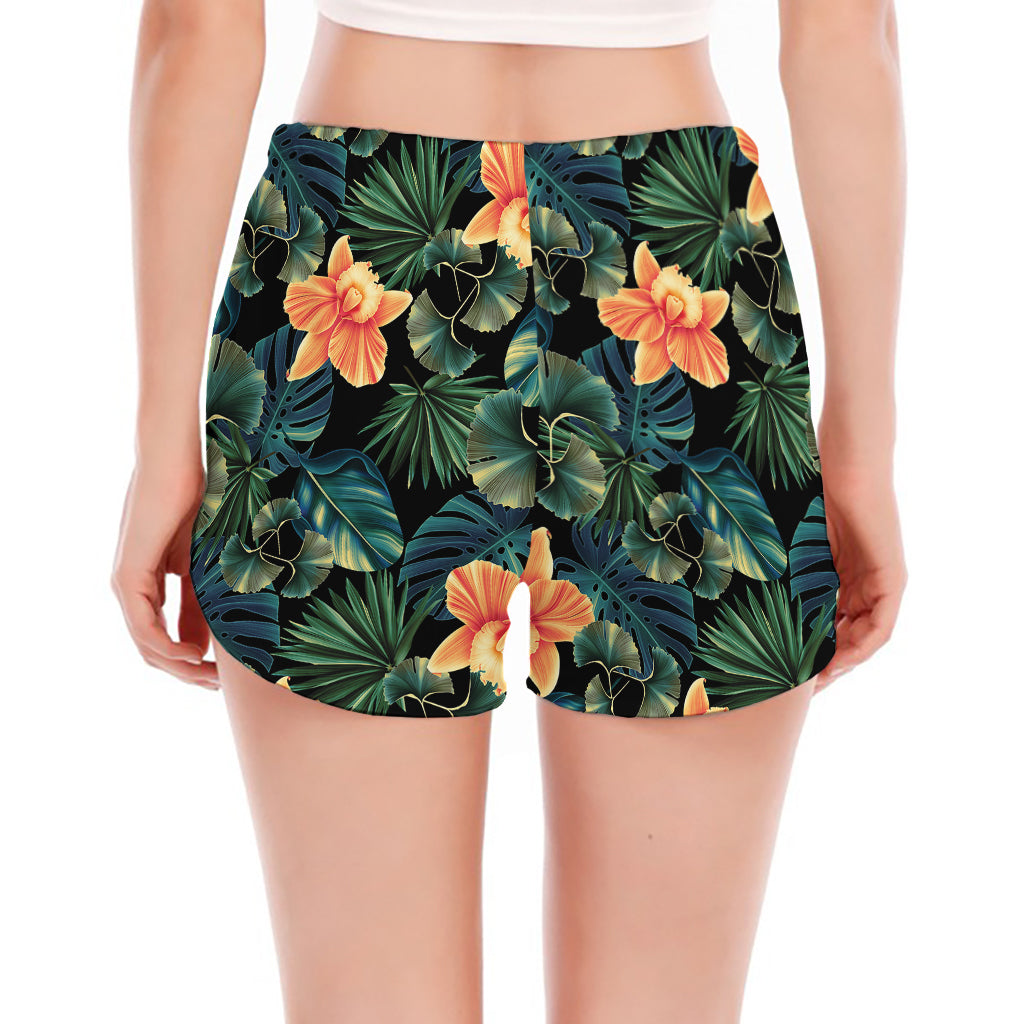Tropical Leaf And Hawaiian Flower Print Women's Split Running Shorts