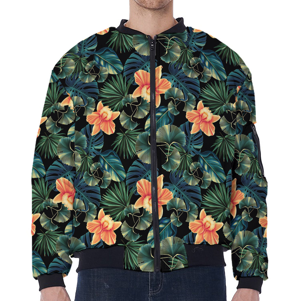 Tropical Leaf And Hawaiian Flower Print Zip Sleeve Bomber Jacket