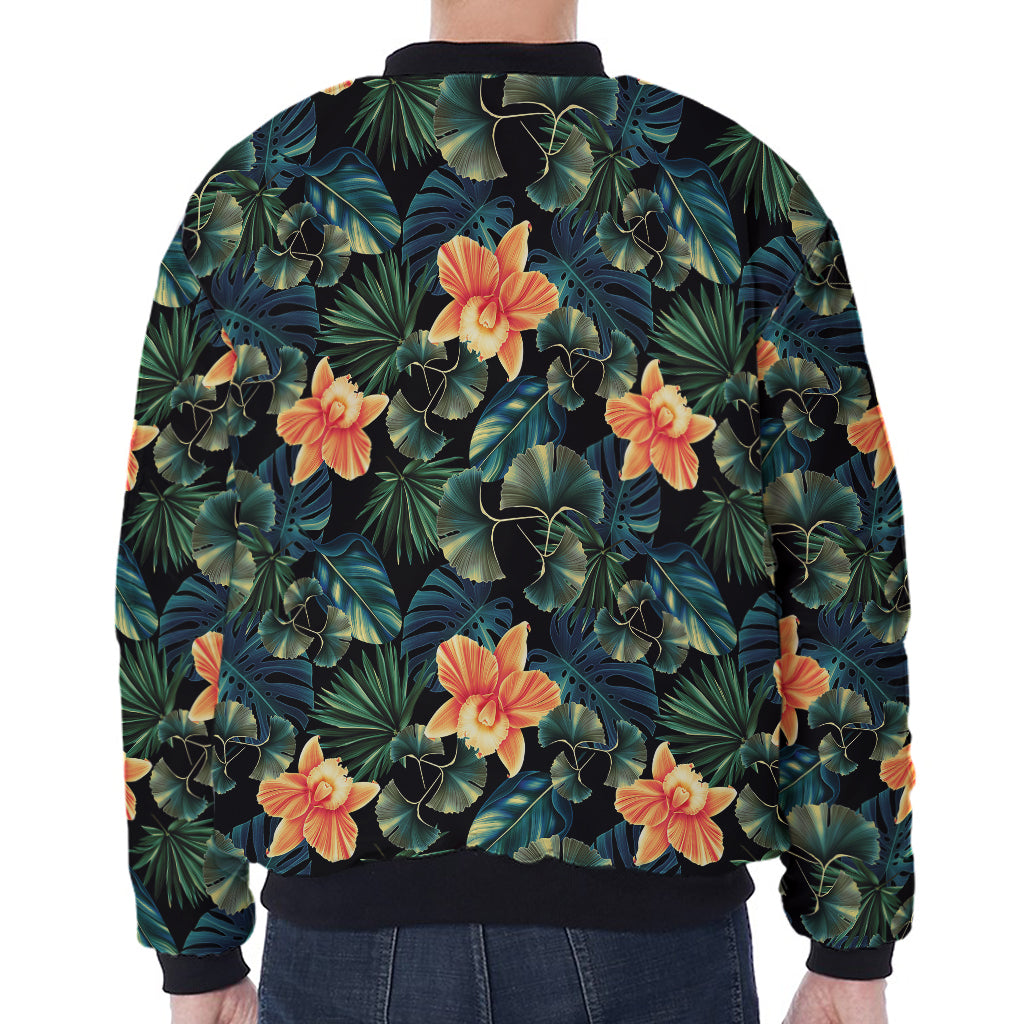 Tropical Leaf And Hawaiian Flower Print Zip Sleeve Bomber Jacket