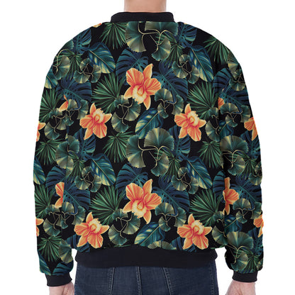 Tropical Leaf And Hawaiian Flower Print Zip Sleeve Bomber Jacket