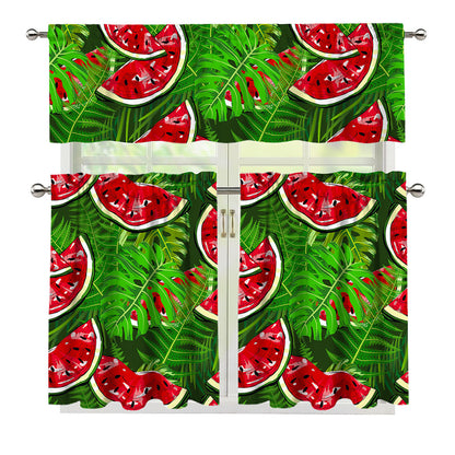 Tropical Leaf Watermelon Pattern Print 3 Piece Kitchen Curtains