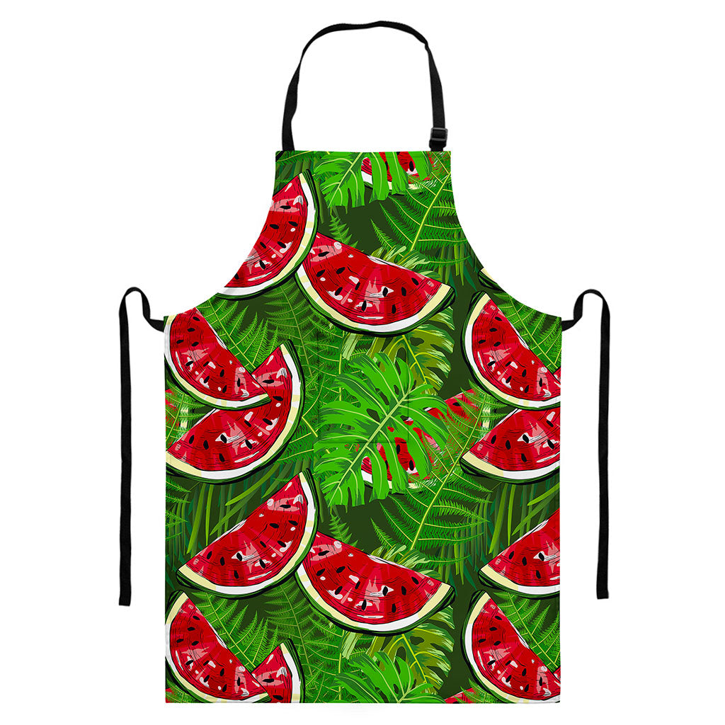 Tropical Leaf Watermelon Pattern Print Bib Apron With Pocket