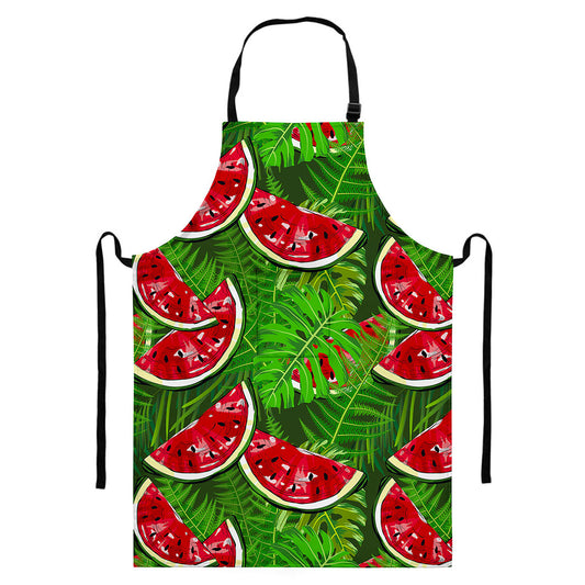 Tropical Leaf Watermelon Pattern Print Bib Apron With Pocket