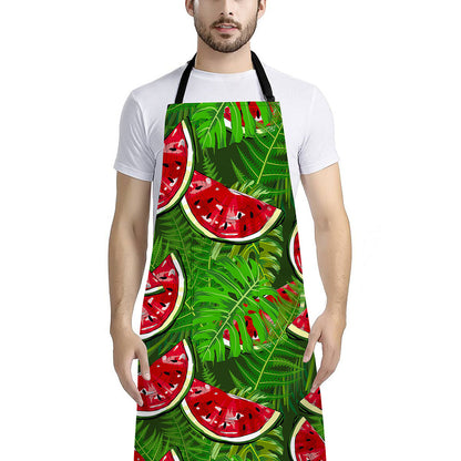 Tropical Leaf Watermelon Pattern Print Bib Apron With Pocket