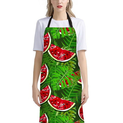 Tropical Leaf Watermelon Pattern Print Bib Apron With Pocket