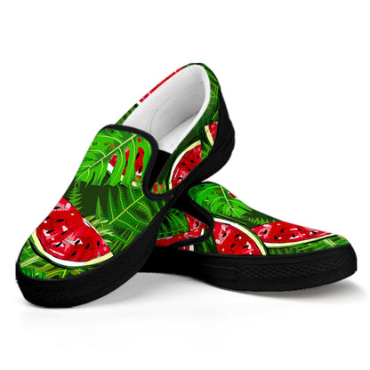 Tropical Leaf Watermelon Pattern Print Black Slip On Sneakers