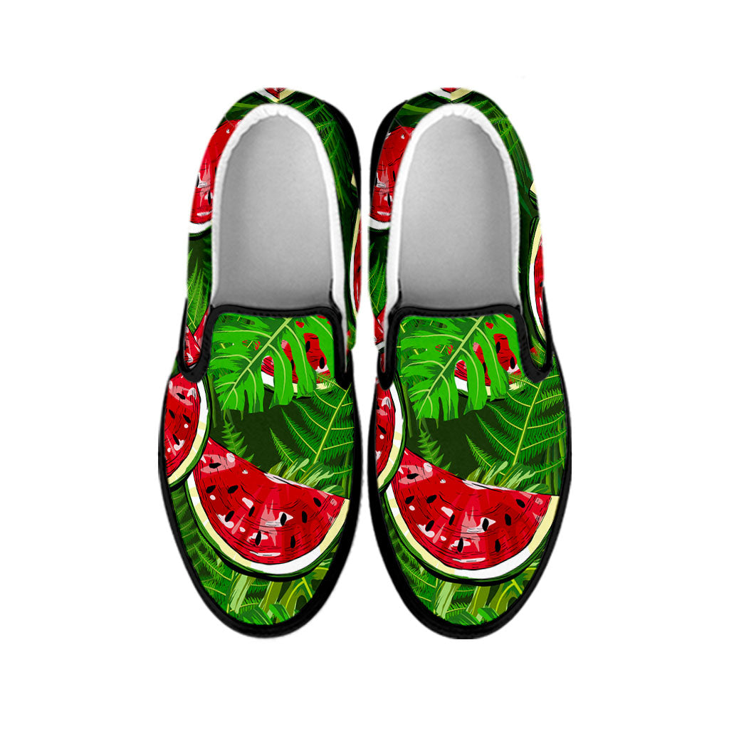 Tropical Leaf Watermelon Pattern Print Black Slip On Sneakers