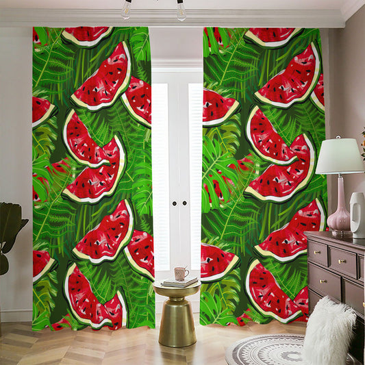 Tropical Leaf Watermelon Pattern Print Blackout Pencil Pleat Curtains