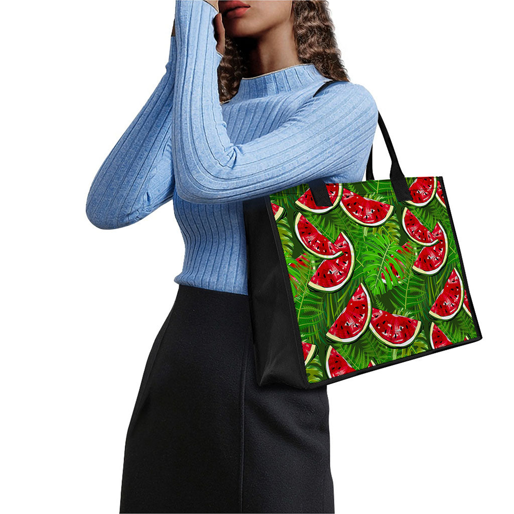Tropical Leaf Watermelon Pattern Print Canvas Tote Bag