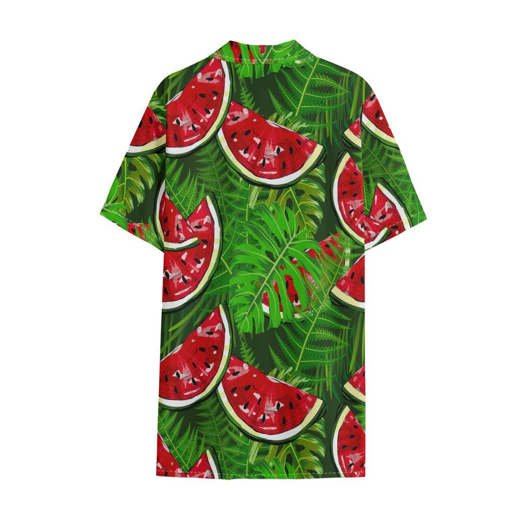 Tropical Leaf Watermelon Pattern Print Cotton Hawaiian Shirt