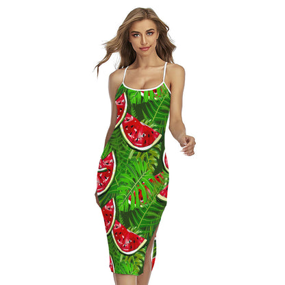 Tropical Leaf Watermelon Pattern Print Cross Back Cami Dress