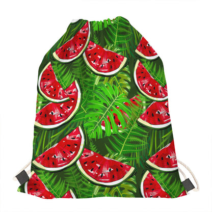 Tropical Leaf Watermelon Pattern Print Drawstring Bag