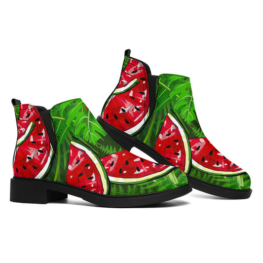 Tropical Leaf Watermelon Pattern Print Flat Ankle Boots