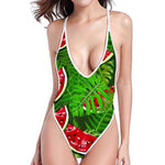 Tropical Leaf Watermelon Pattern Print High Cut One Piece Swimsuit