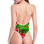 Tropical Leaf Watermelon Pattern Print High Cut One Piece Swimsuit
