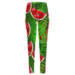 Tropical Leaf Watermelon Pattern Print High-Waisted Pocket Leggings