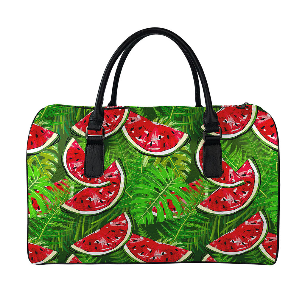 Tropical Leaf Watermelon Pattern Print Leather Duffle Bag
