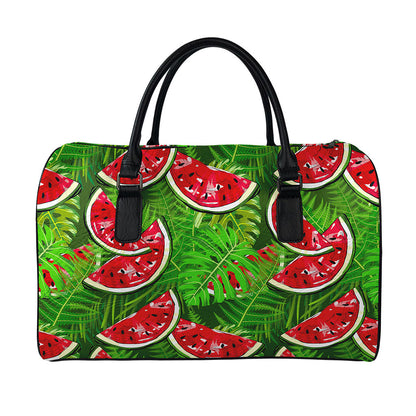 Tropical Leaf Watermelon Pattern Print Leather Duffle Bag