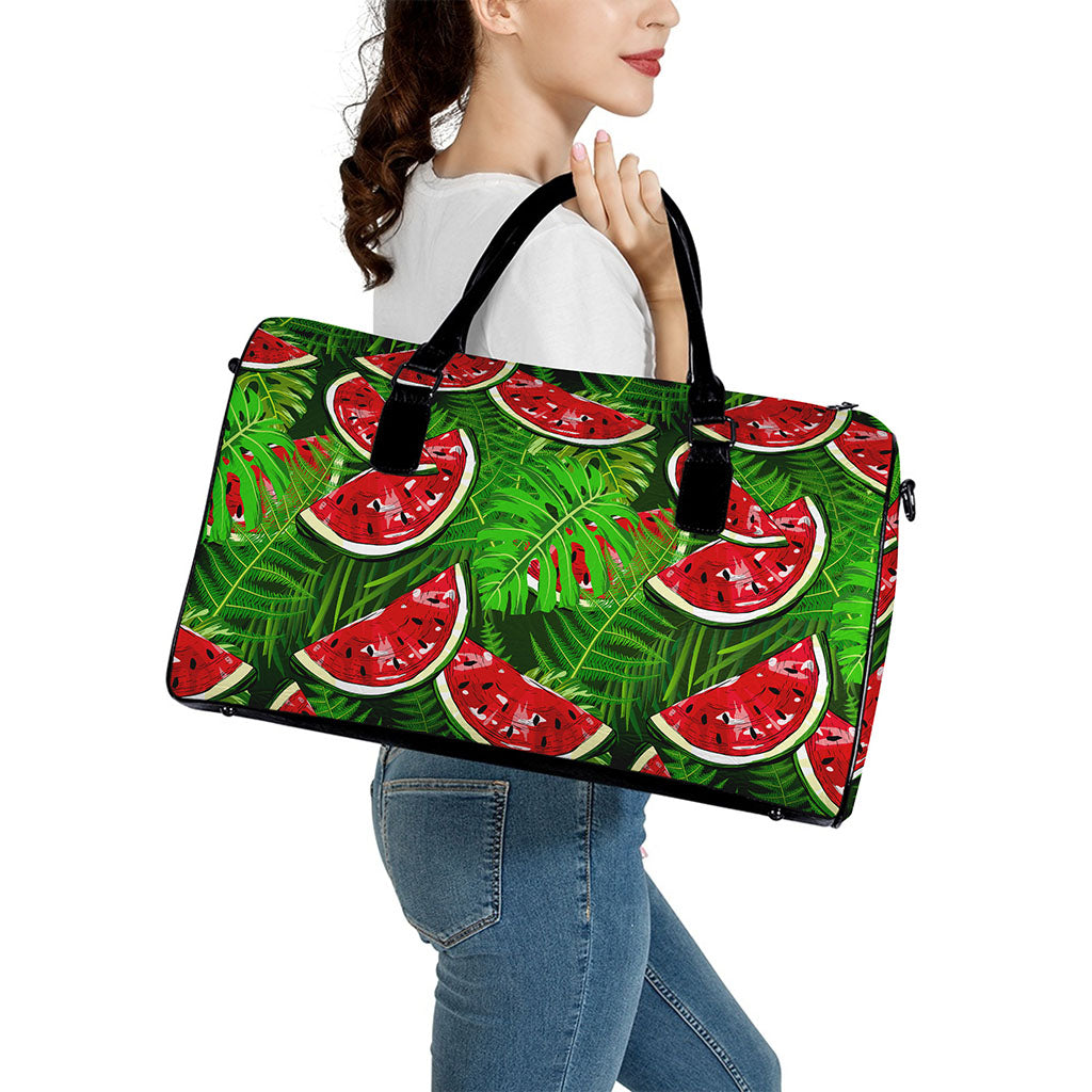 Tropical Leaf Watermelon Pattern Print Leather Duffle Bag
