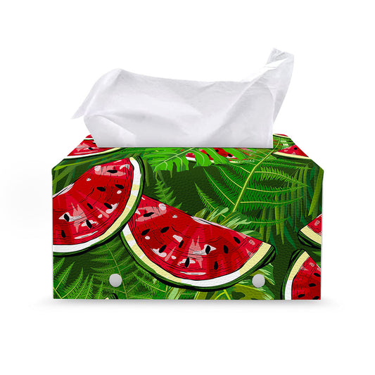 Tropical Leaf Watermelon Pattern Print Leather Tissue Box Cover