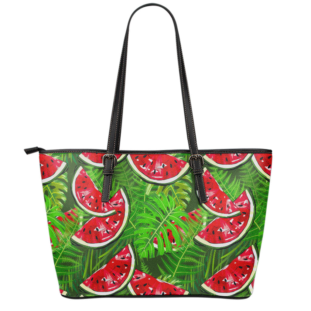 Tropical Leaf Watermelon Pattern Print Leather Tote Bag