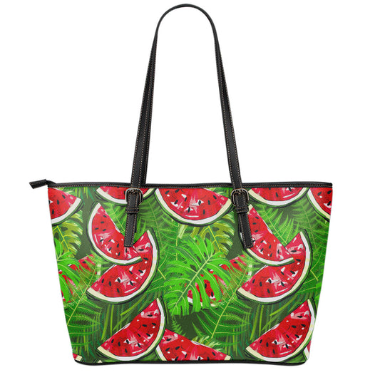 Tropical Leaf Watermelon Pattern Print Leather Tote Bag