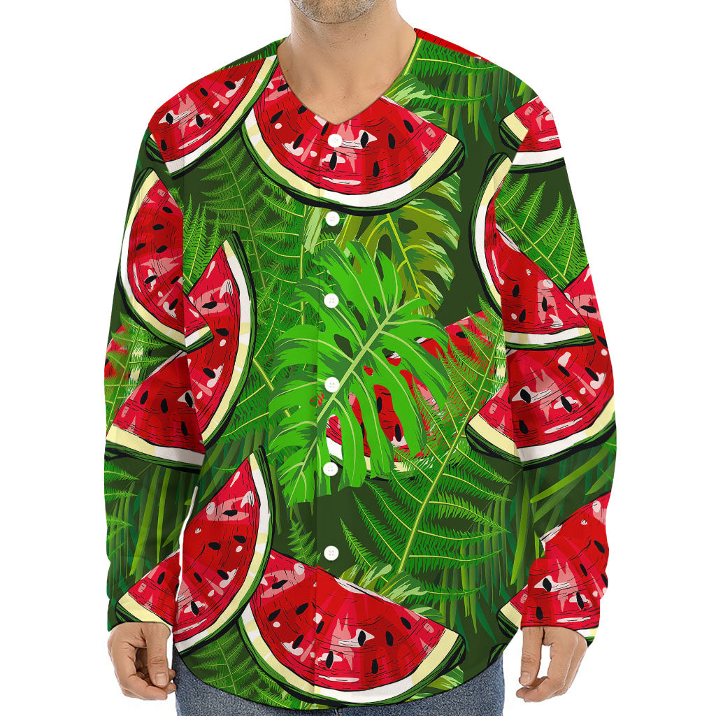 Tropical Leaf Watermelon Pattern Print Long Sleeve Baseball Jersey