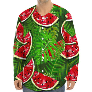 Tropical Leaf Watermelon Pattern Print Long Sleeve Baseball Jersey