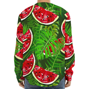 Tropical Leaf Watermelon Pattern Print Long Sleeve Baseball Jersey