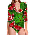Tropical Leaf Watermelon Pattern Print Long Sleeve Swimsuit