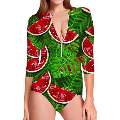 Tropical Leaf Watermelon Pattern Print Long Sleeve Swimsuit