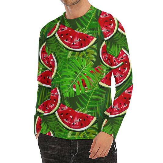 Tropical Leaf Watermelon Pattern Print Men's Long Sleeve Rash Guard