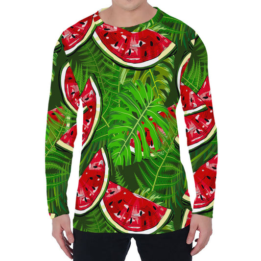 Tropical Leaf Watermelon Pattern Print Men's Long Sleeve T-Shirt
