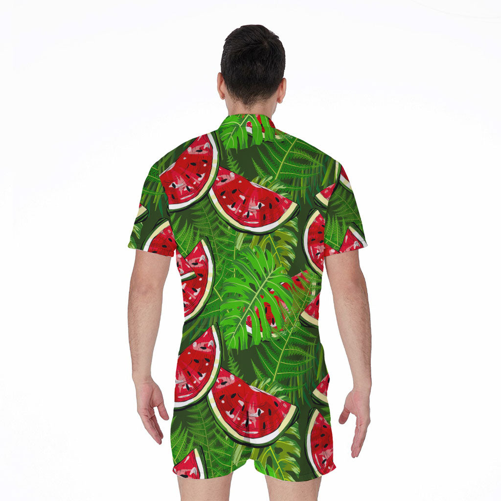 Tropical Leaf Watermelon Pattern Print Men's Rompers