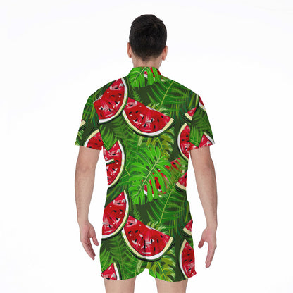 Tropical Leaf Watermelon Pattern Print Men's Rompers