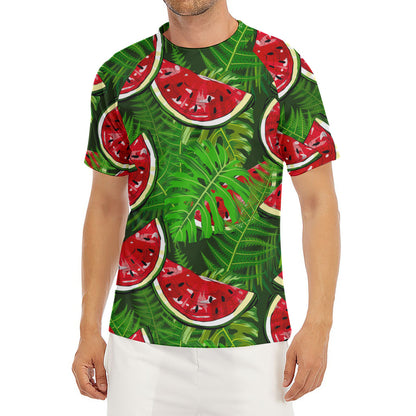 Tropical Leaf Watermelon Pattern Print Men's Short Sleeve Rash Guard
