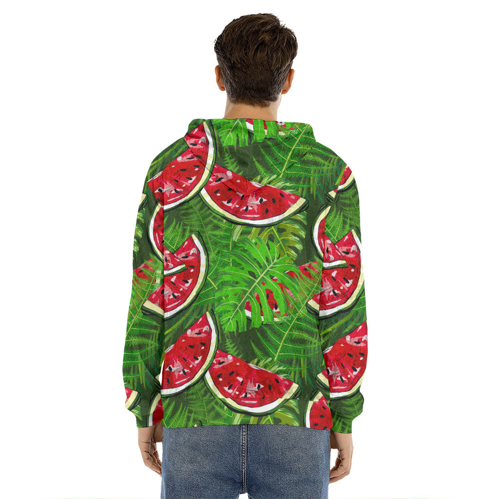 Tropical Leaf Watermelon Pattern Print Men's Velvet Pullover Hoodie