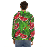 Tropical Leaf Watermelon Pattern Print Men's Velvet Pullover Hoodie
