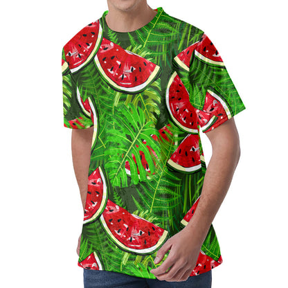 Tropical Leaf Watermelon Pattern Print Men's Velvet T-Shirt